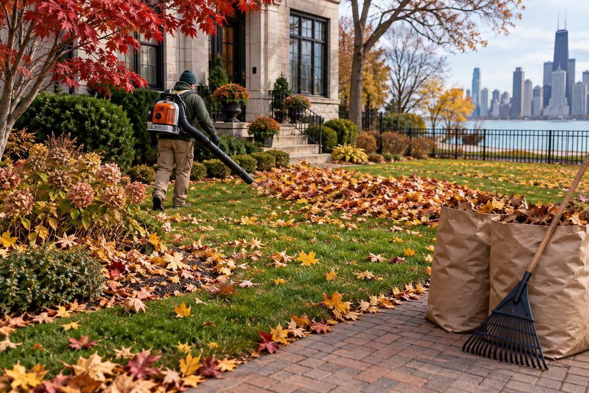 Autumn leaf cleanup in progress across a residential lawn with collected foliage and blower equipment.