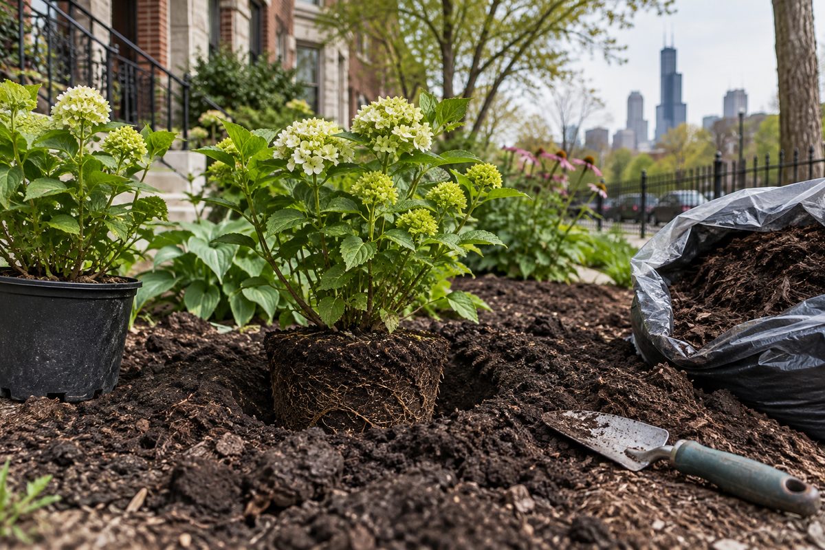 Hardy perennials being planted into nutrient-rich garden soil with fresh dark mulch.