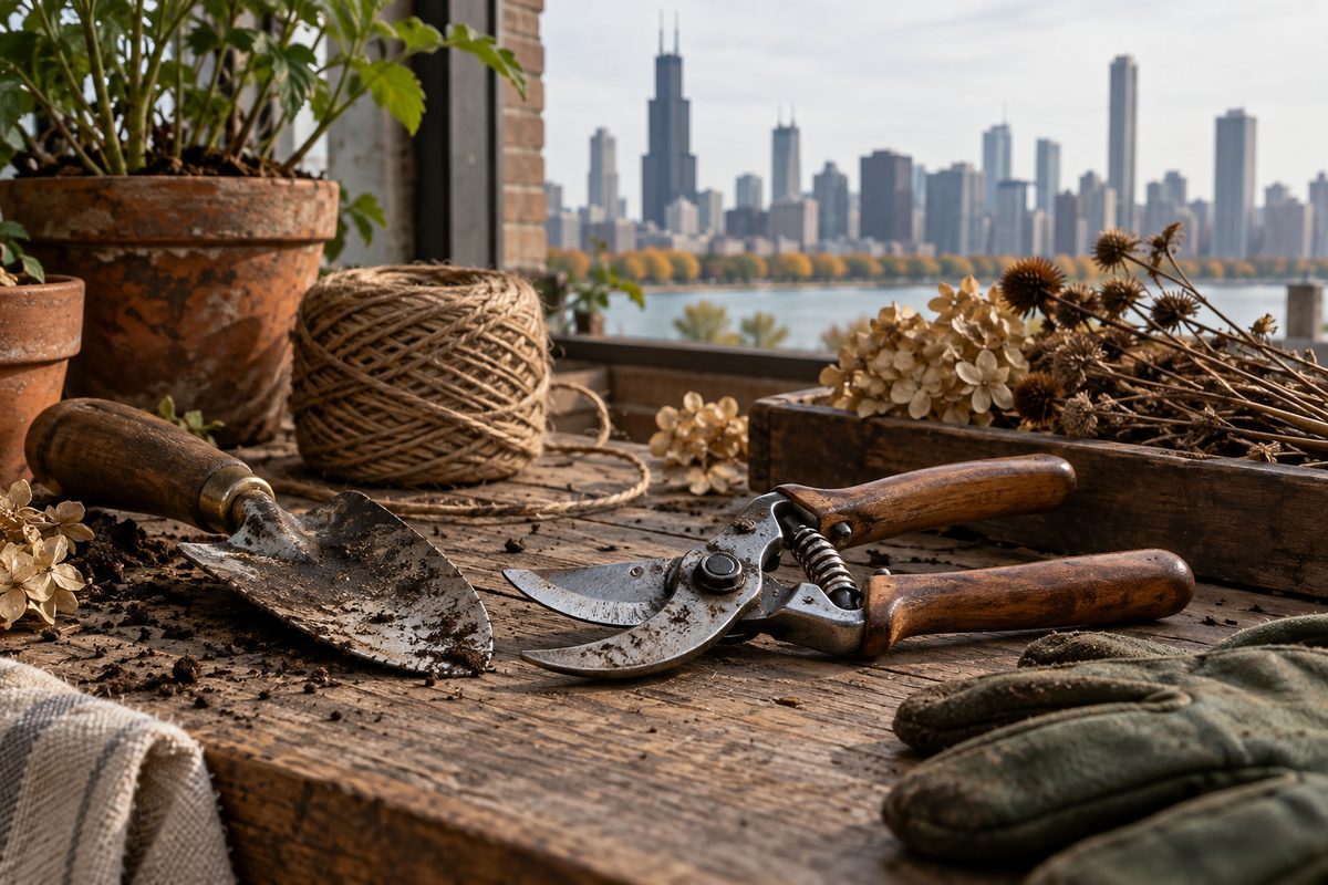 Professional forged steel bypass pruning shears resting on a solid timber workbench.